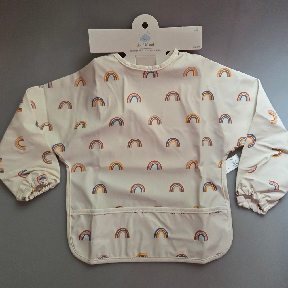 Cloud Island Long Sleeve Bib Rainbow Print Cream Water Resistant Smock 6M+